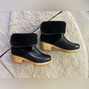 Anthropologie Frye & Co Odessa Black Leather Sherpa Ankle Boot Heeled Clog 8.5
